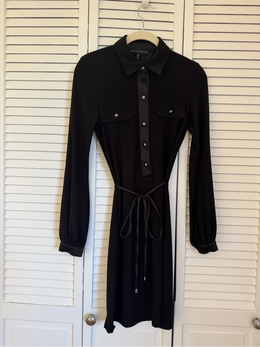 White House Black Market Black Long-Sleeve Shirt Dress with Tie
